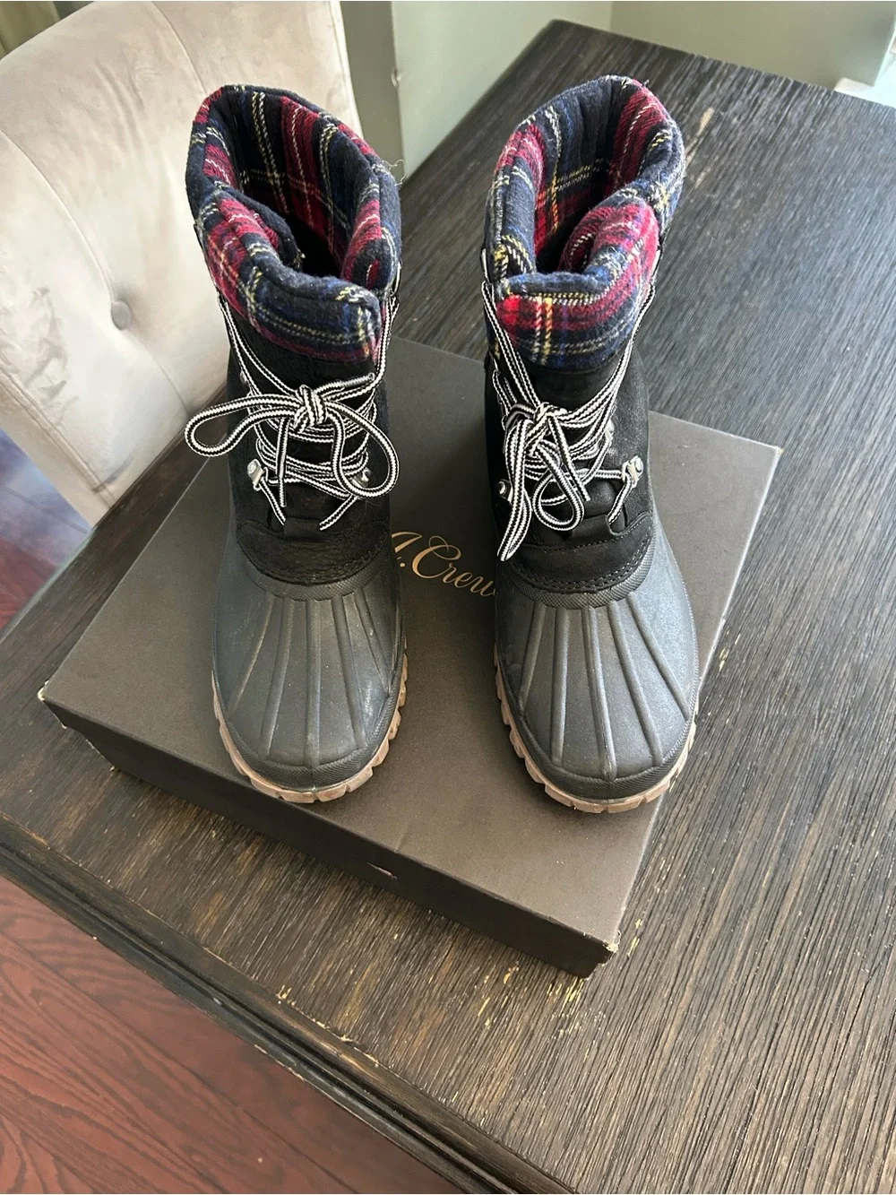 J. Crew Black Duck Boots with Red Plaid Cuff